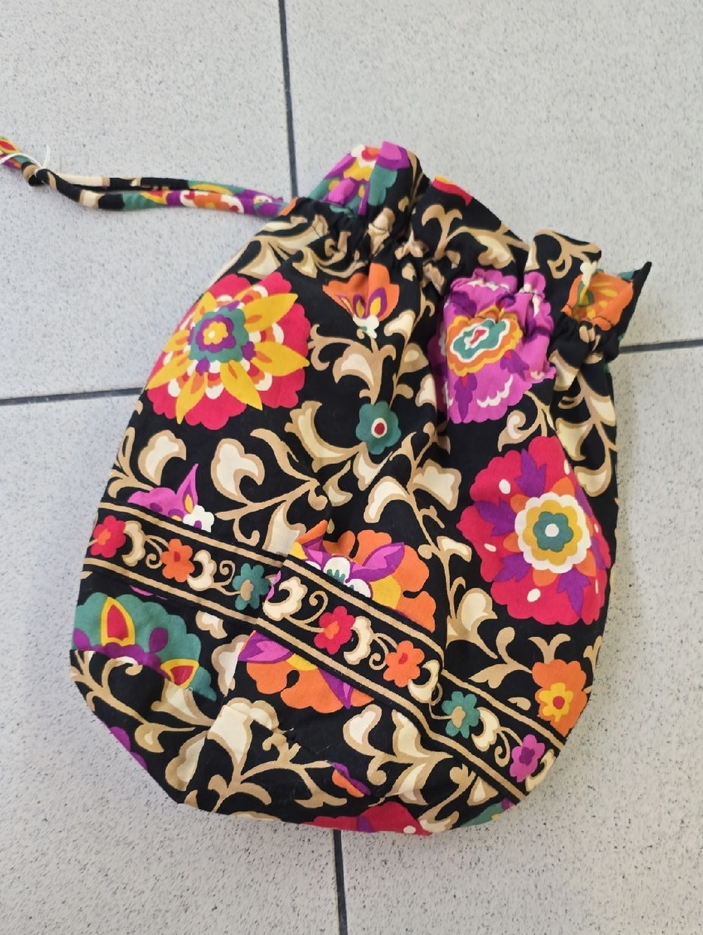 Vera Bradley Black Floral Waterproof Drawstring Pouch with Multicolor Blooms
